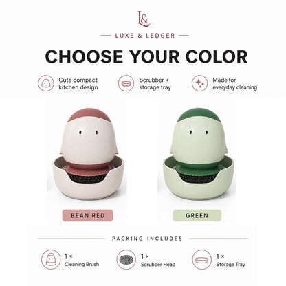 Color selection graphic for a compact scrubber and storage tray set by Luxe & Ledger, showing two versions: Bean Red and Green, with icons and text describing the cute compact design, scrubber + storage tray, and included cleaning brush and storage tray.