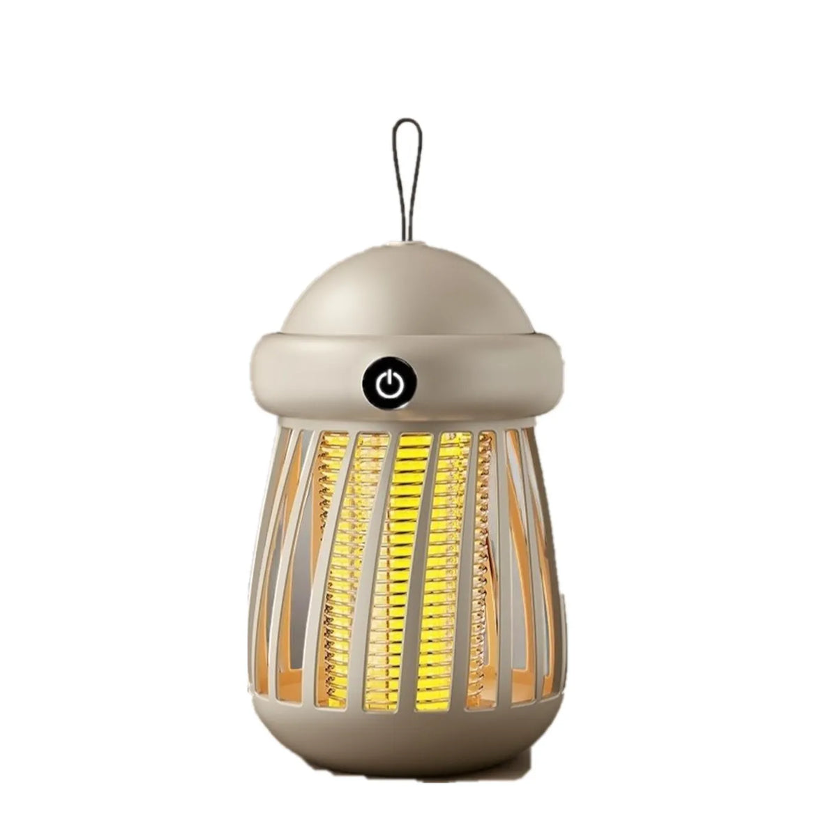 A beige electric bug zapper lantern with a warm yellow glowing UV light inside, featuring a hanging loop on top and a power button on the front.