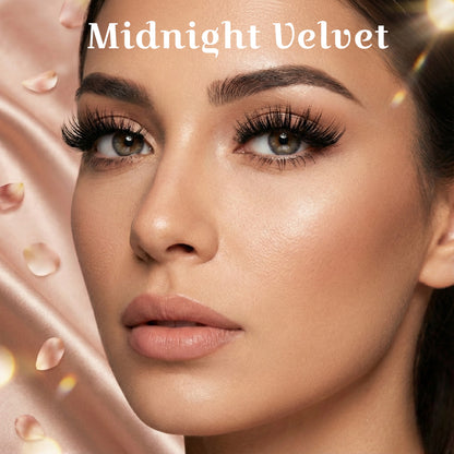 Close-up of a woman's face with 'Midnight Velvet' text on a soft, blurred background.