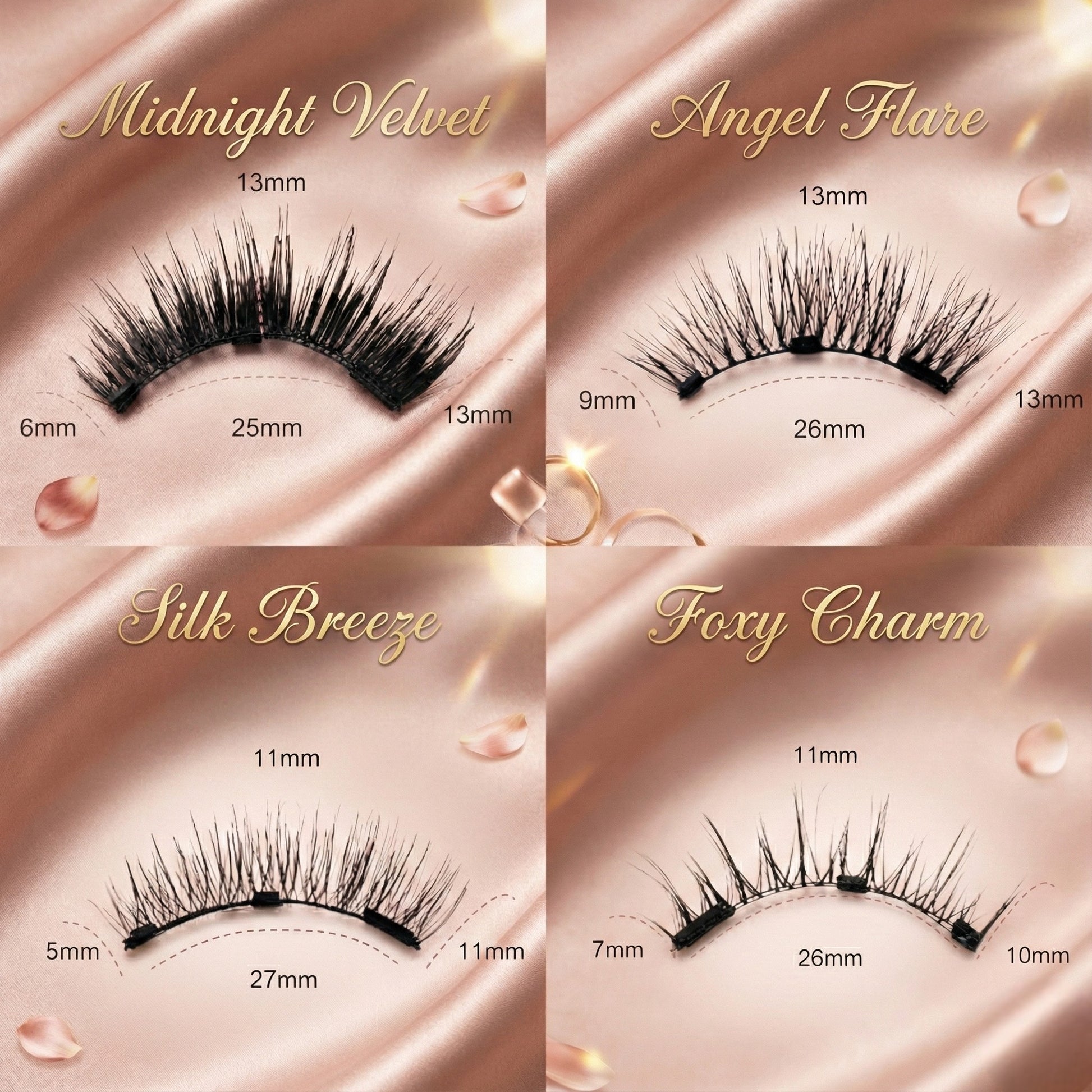 Four pairs of false eyelashes with measurements on a rose gold background