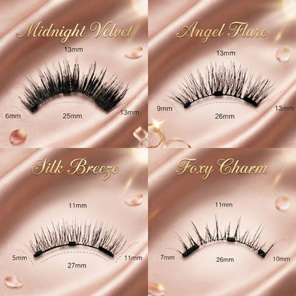 Four pairs of false eyelashes with measurements on a rose gold background