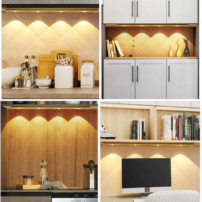 Collage of kitchen and office interior design with built-in lighting.