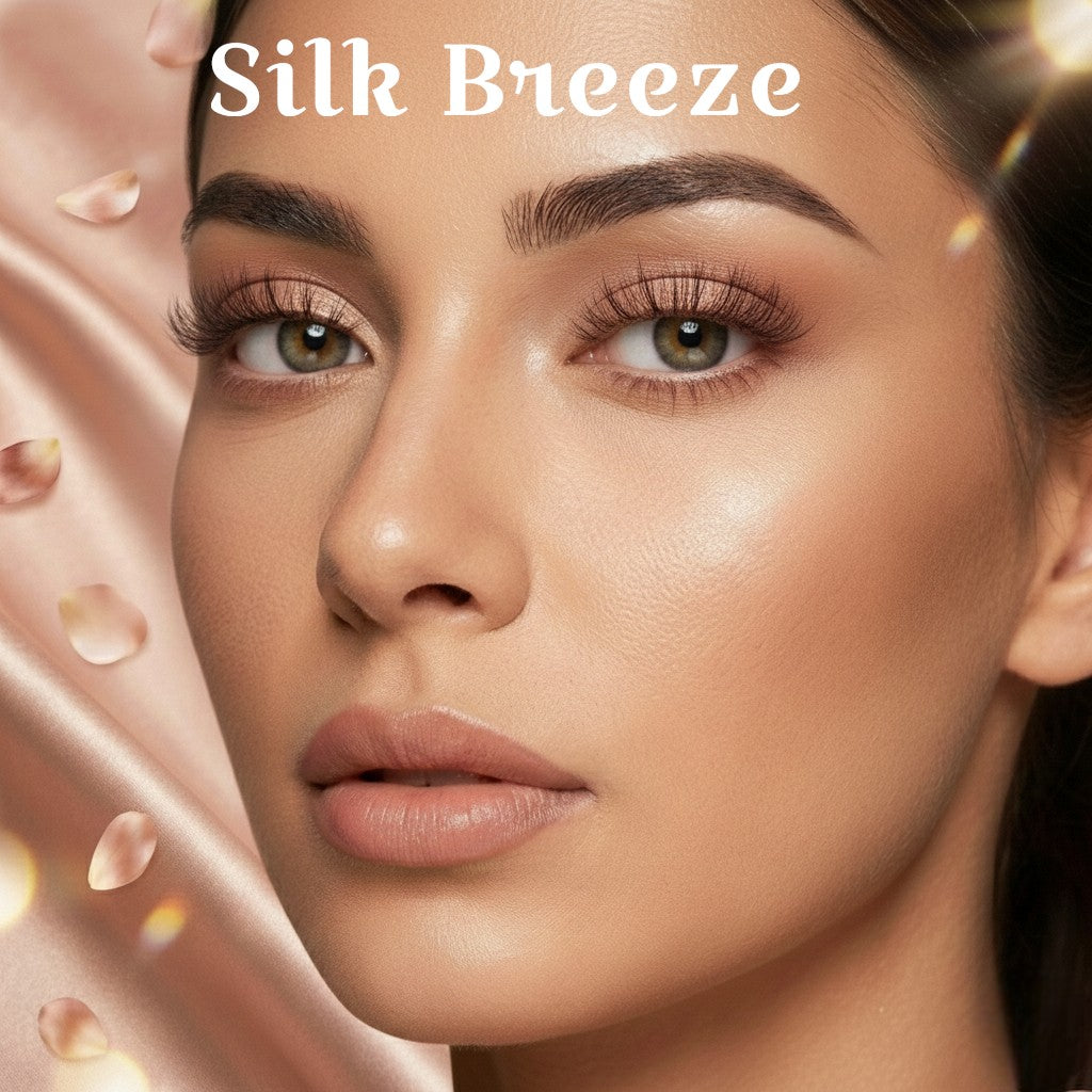Close-up of a woman's face with 'Silk Breeze' text and product elements.