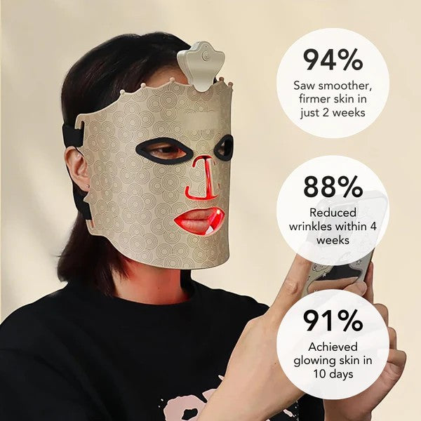 Person wearing a face mask with text on skin improvement results.