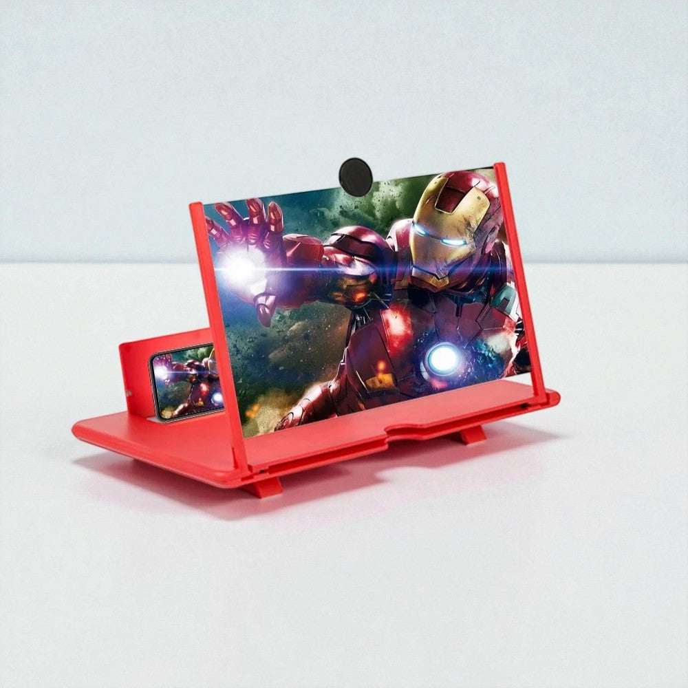 Red phone screen magnifier displaying Iron Man on a white background