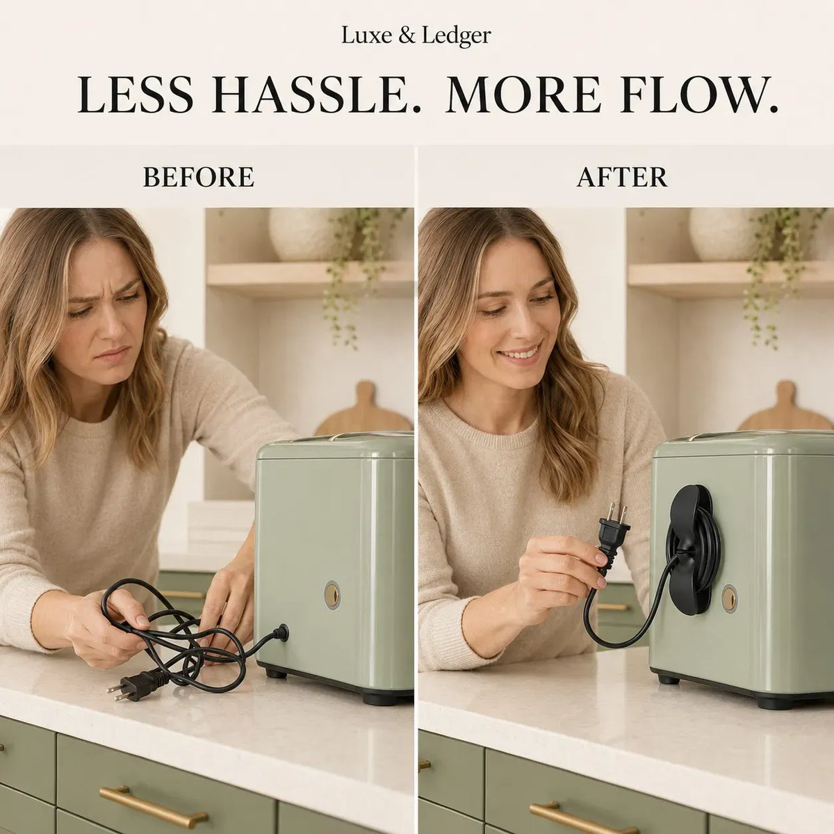 A split before-and-after lifestyle image showing a woman plugging in a sage green countertop appliance. On the left, she struggles with a tangled black cord.