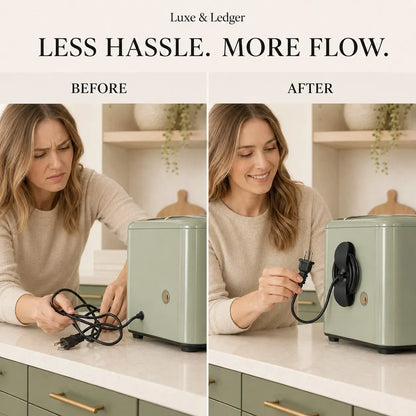 A split before-and-after lifestyle image showing a woman plugging in a sage green countertop appliance. On the left, she struggles with a tangled black cord.