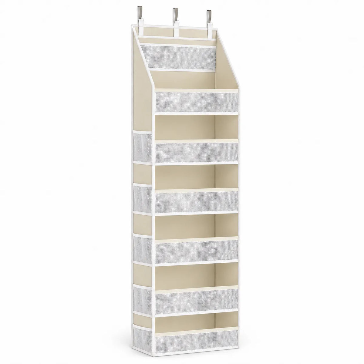 A tall, narrow hanging shoe organizer with multiple open shelves and mesh pockets, shown against a plain white background.