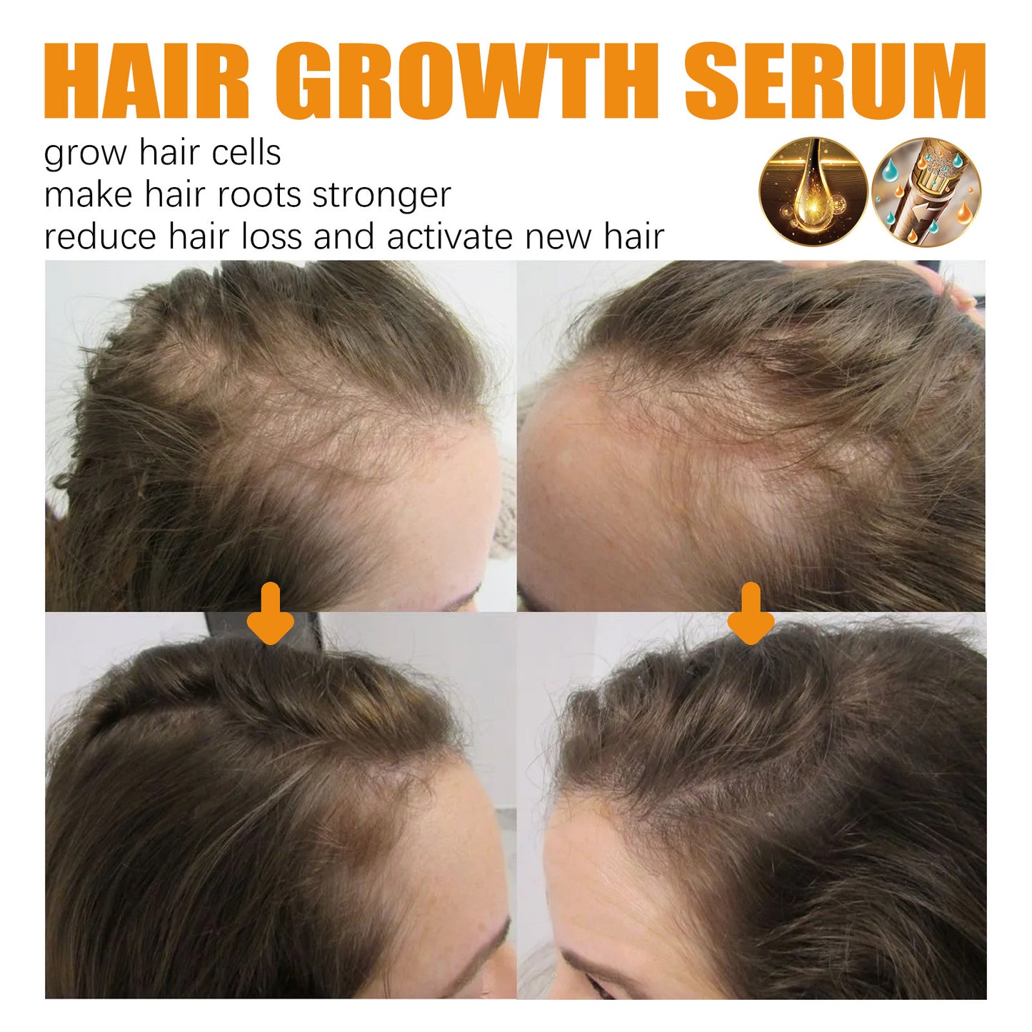 Advertisement for hair growth serum showing before and after effects on hair thickness.