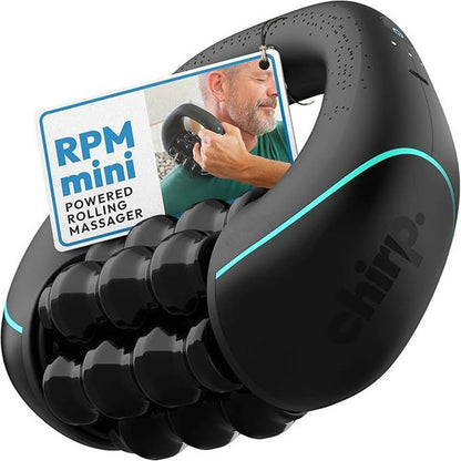 Black rolling massage tool with 'RPM mini' branding on a white background