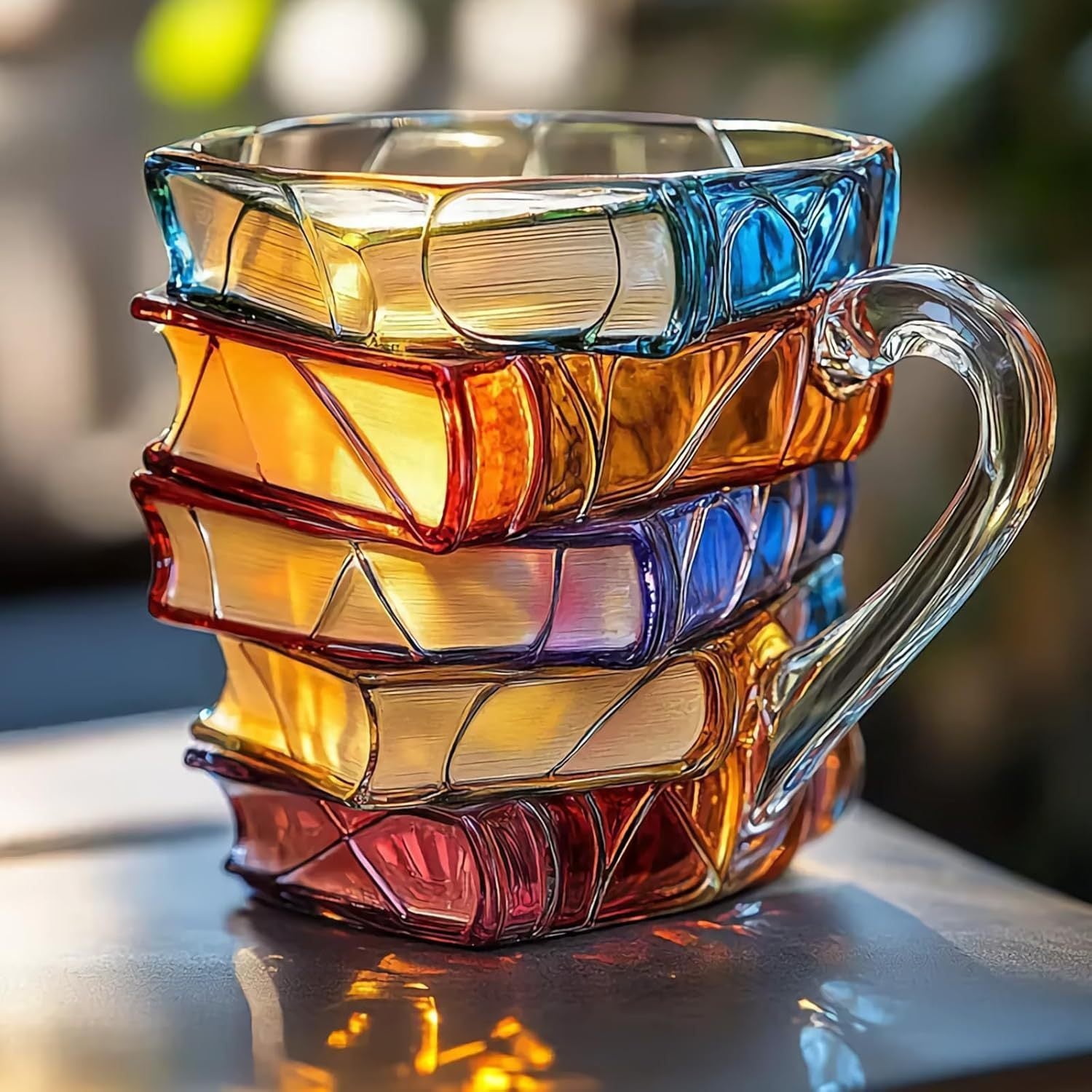 Colorful glass mug with geometric design on a reflective surface