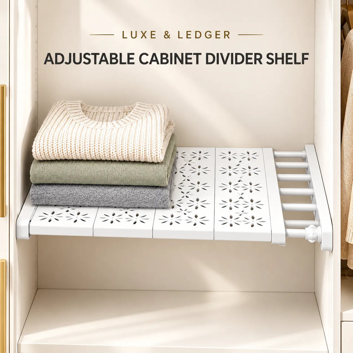 White adjustable cabinet divider shelf mounted inside a closet, holding three folded sweaters in cream, sage green, and gray. Text at the top reads 'LUXE & LEDGER ADJUSTABLE CABINET DIVIDER SHELF'.