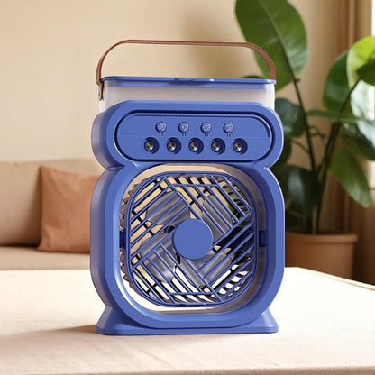 Blue portable fan on a table with a plant and sofa in the background