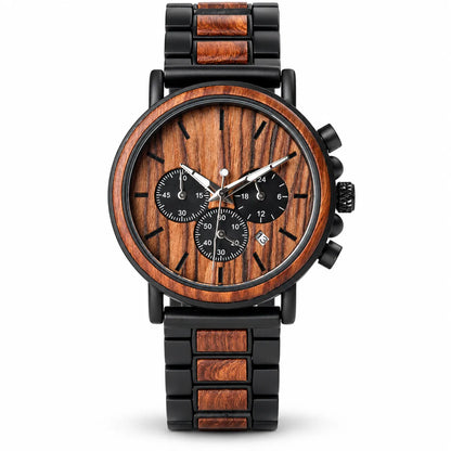 A men's chronograph watch with a round wood-grain dial and matching wood-textured link bracelet, accented by a black case, black bezel, and black subdials.