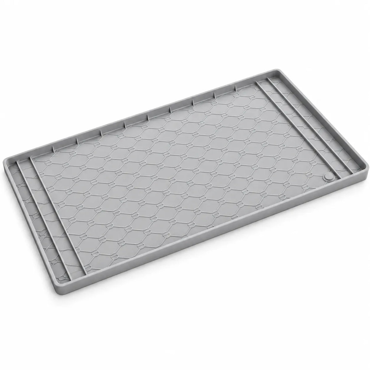 A gray rectangular plastic tray with a textured honeycomb pattern and raised ridges along the edges, shown on a clean white background.