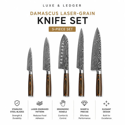 A 5-piece Damascus steel knife set from Luxe & Ledger, displayed in ascending size order against a white background with descriptive feature icons at the bottom.