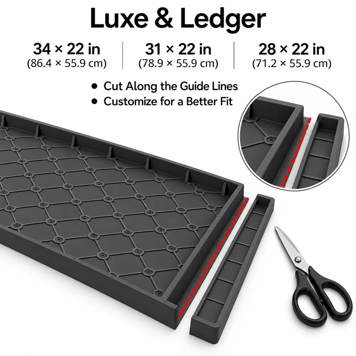 Black plastic tray organizer shown on a white background with size options labeled 34 x 22 in, 31 x 22 in, and 28 x 22 in, plus a circular inset showing the tray interior and a pair of scissors.