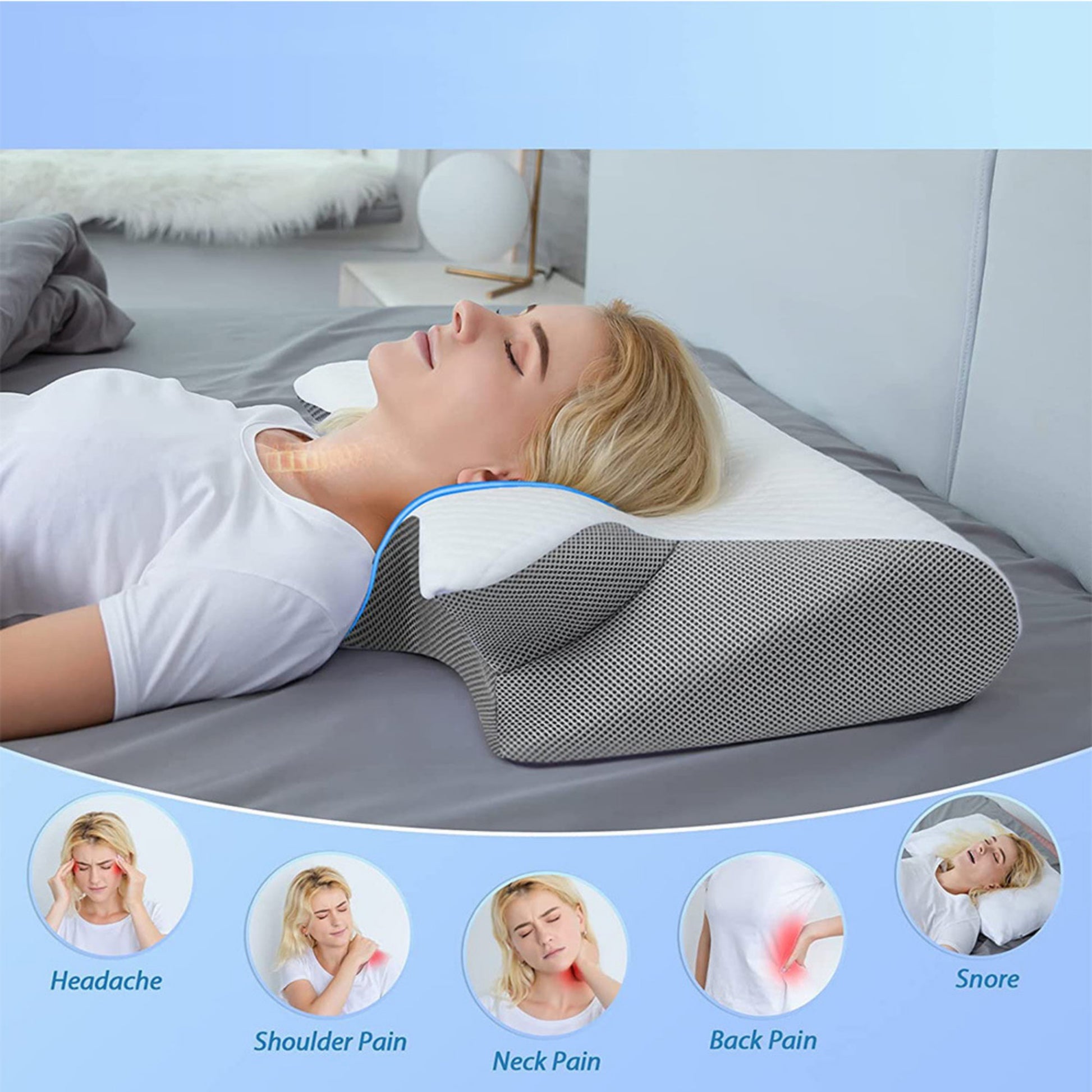 Person lying on a bed with a neck pillow, surrounded by icons indicating pain relief for various issues.