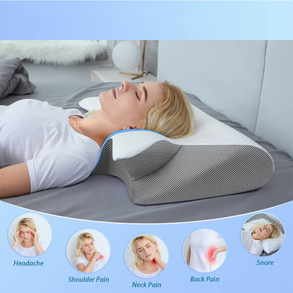 Person lying on a bed with a neck pillow, surrounded by icons indicating pain relief for various issues.