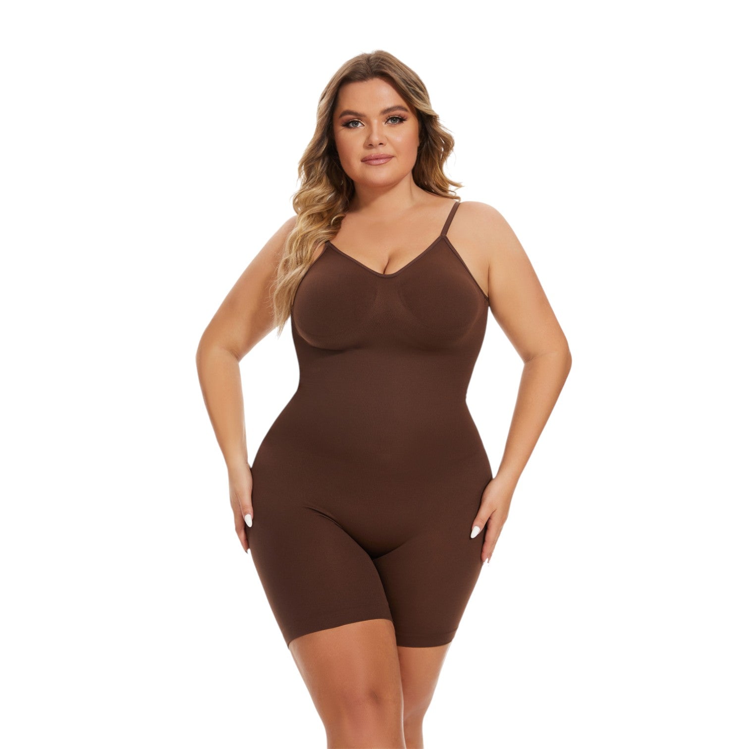 Woman wearing a brown bodysuit on a white background