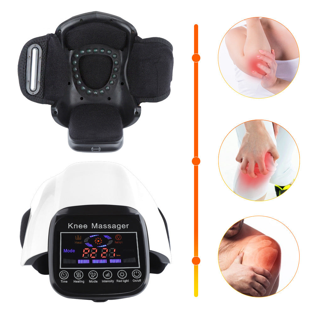 Knee massager with digital display and wrist strap, showing images of knee pain.