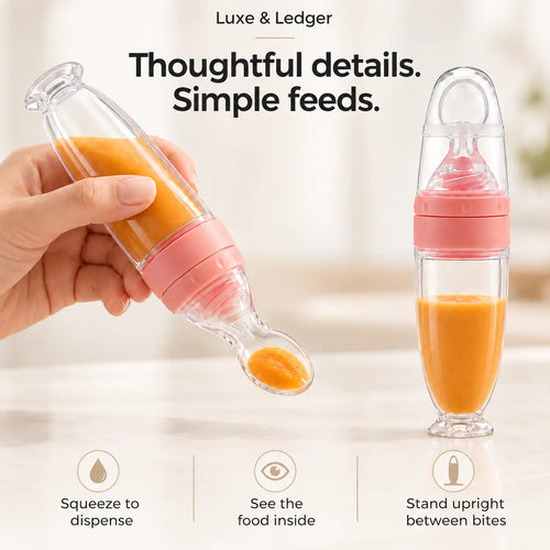 A hand holds a clear baby feeding bottle with a pink squeeze top and orange puree inside, while a second upright view of the same bottle appears on the right. Text at the top reads 'Luxe & Ledger' and 'Thoughtful details.