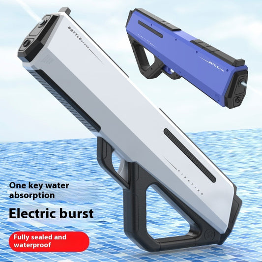 Two water guns, one white and black, one blue and black, with text about water absorption and electric burst on a water-themed background.