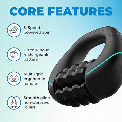 Black handheld massager with text detailing its core features on a blue background
