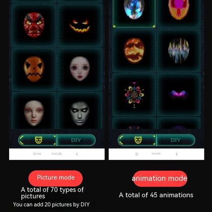 Two screens showing picture and animation modes with various face and object images.