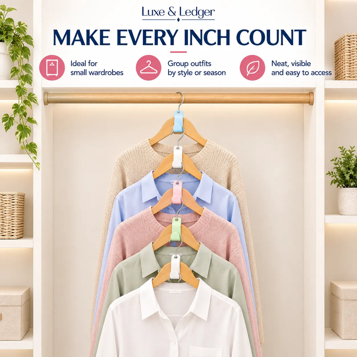 A set of pastel-colored vertical hanging bars from Luxe & Ledger shown on wooden hangers, organizing a stack of four collared shirts (beige, light blue, pink, and white) inside a closet organizer. The image includes marketing text at the top: 'MAKE EVERY INCH COUNT' and features a clean, styled interior background.