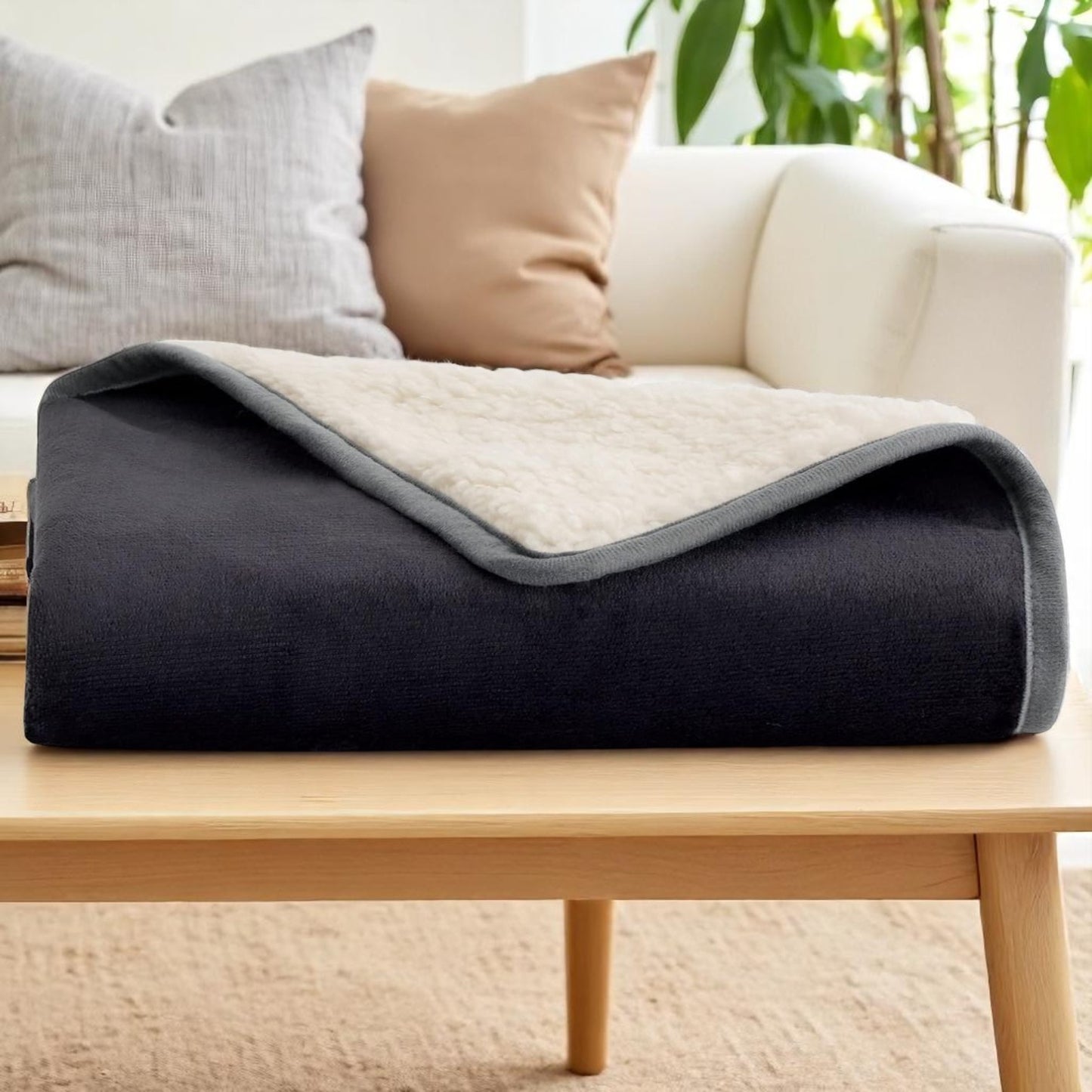 Black and gray blanket on a wooden coffee table with a couch and pillows in the background