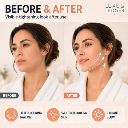 Before and after comparison of a woman's face with visible tightening effects, labeled 'LUXE & LEDGER'.