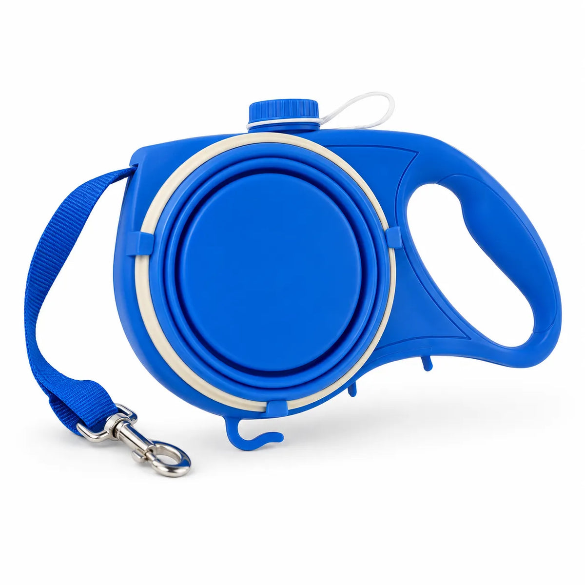 A blue retractable dog leash with a matching blue handle, strap, and snap hook clasp, shown on a clean white background.