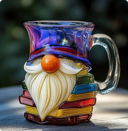 Glass mug shaped like a gnome with a colorful hat on a wooden surface