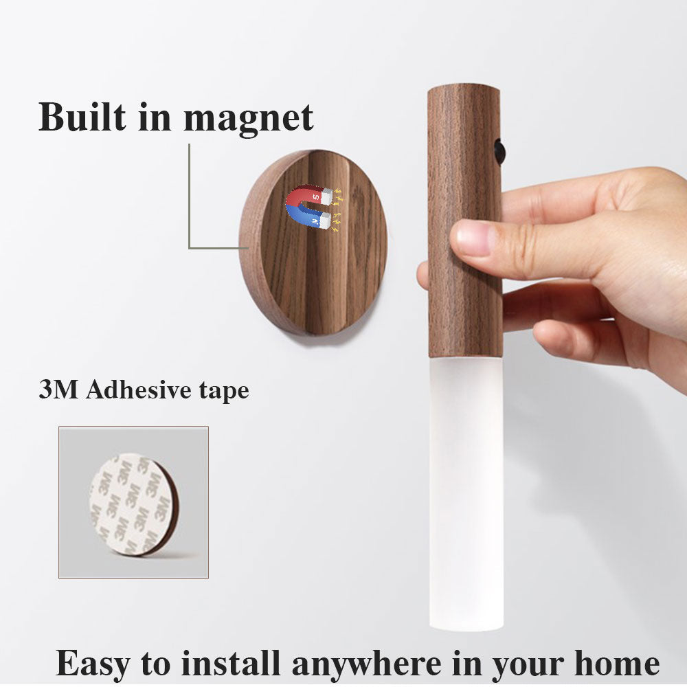 Wooden magnetic strip with adhesive tape, showing installation on a white background.