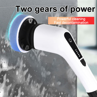 Cleaning tool with blue cleaning pad on a wet surface, labeled 'Two gears of power' and 'Powerful cleaning Fast decontamination'.