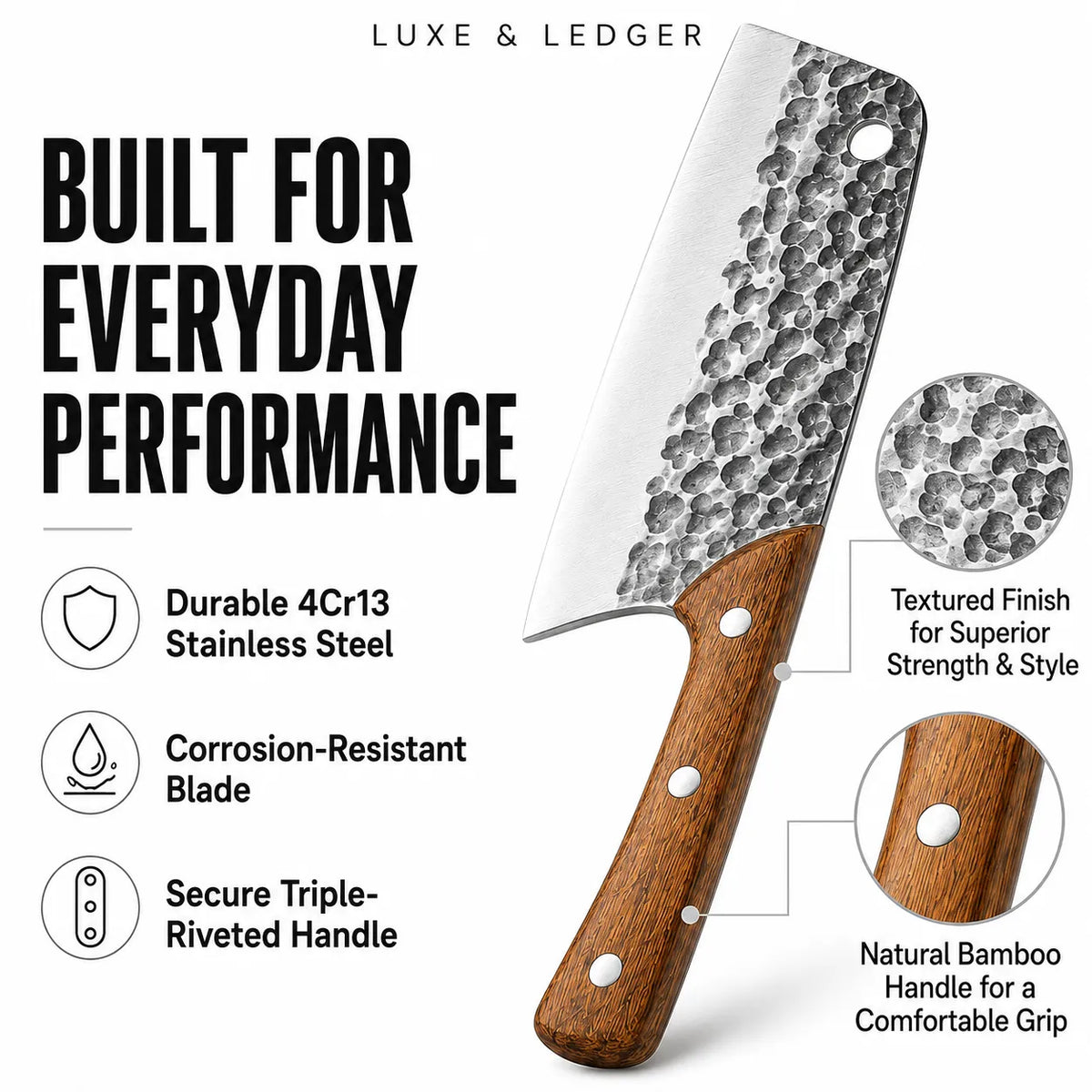 A kitchen knife with a hammered stainless steel blade and a brown bamboo wood handle, shown on a white background with marketing text and detail callouts.