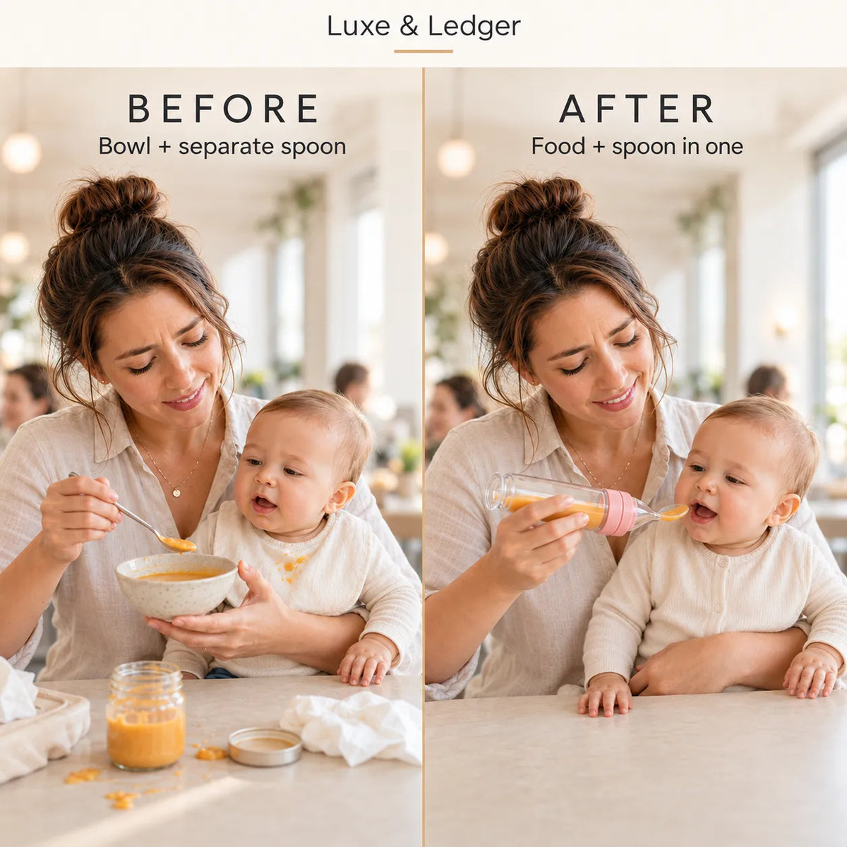 A side-by-side comparison graphic labeled BEFORE and AFTER, showing a woman feeding a baby. The left side shows the woman holding a bowl and using a spoon, with text reading 'Bowl + separate spoon.