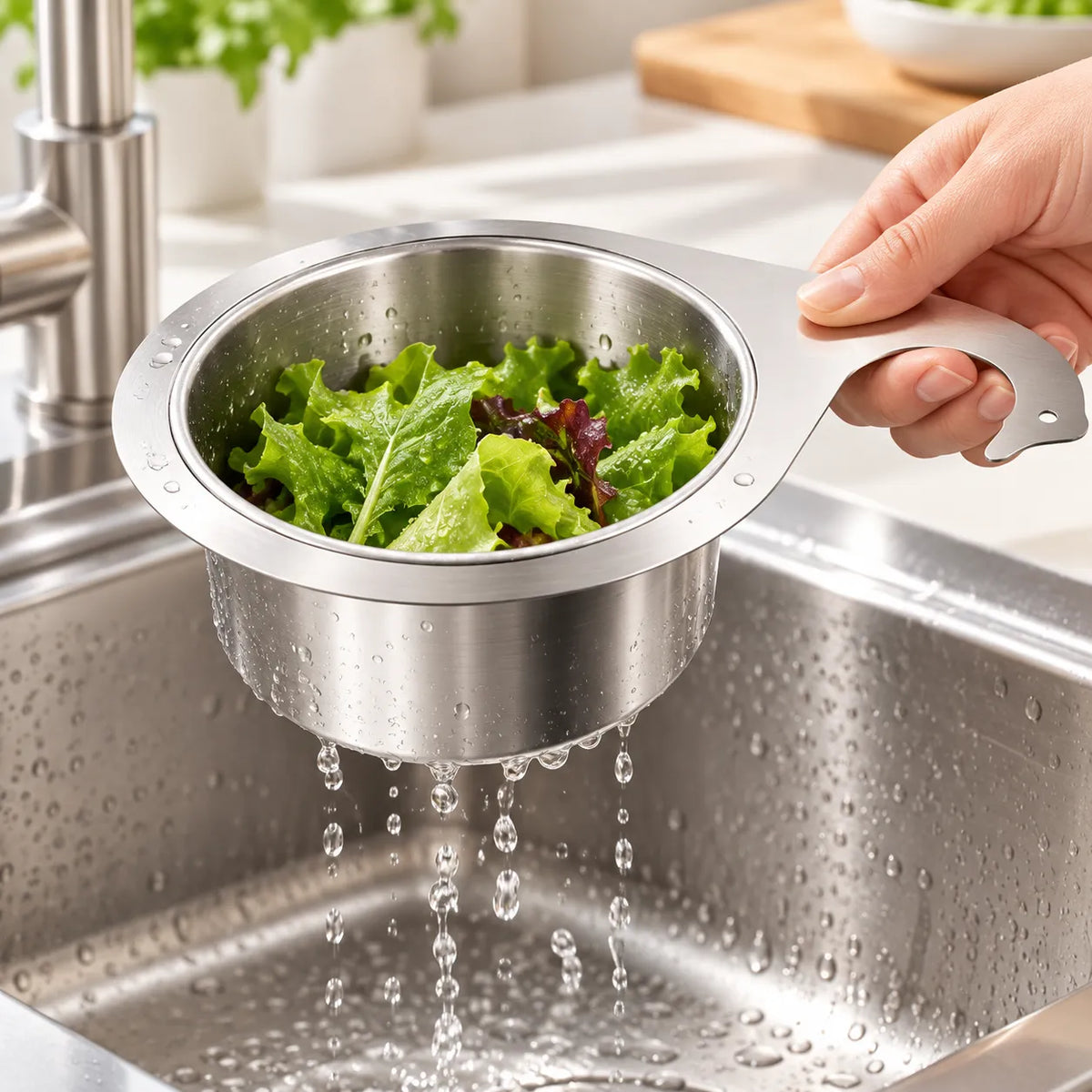 Hand holding a stainless steel strainer basket with leafy greens draining over a kitchen sink.