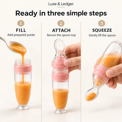 Three-panel instructional graphic showing how to use a clear baby feeding spoon bottle with a pink lid. Step 1 shows orange puree being poured into the bottle from a spoon.