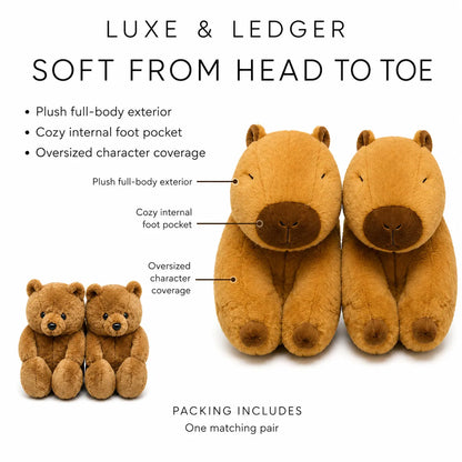 Two plush teddy bears in warm tan and brown are shown on a white background with text describing the product features and noting that one matching pair is included in the packaging.