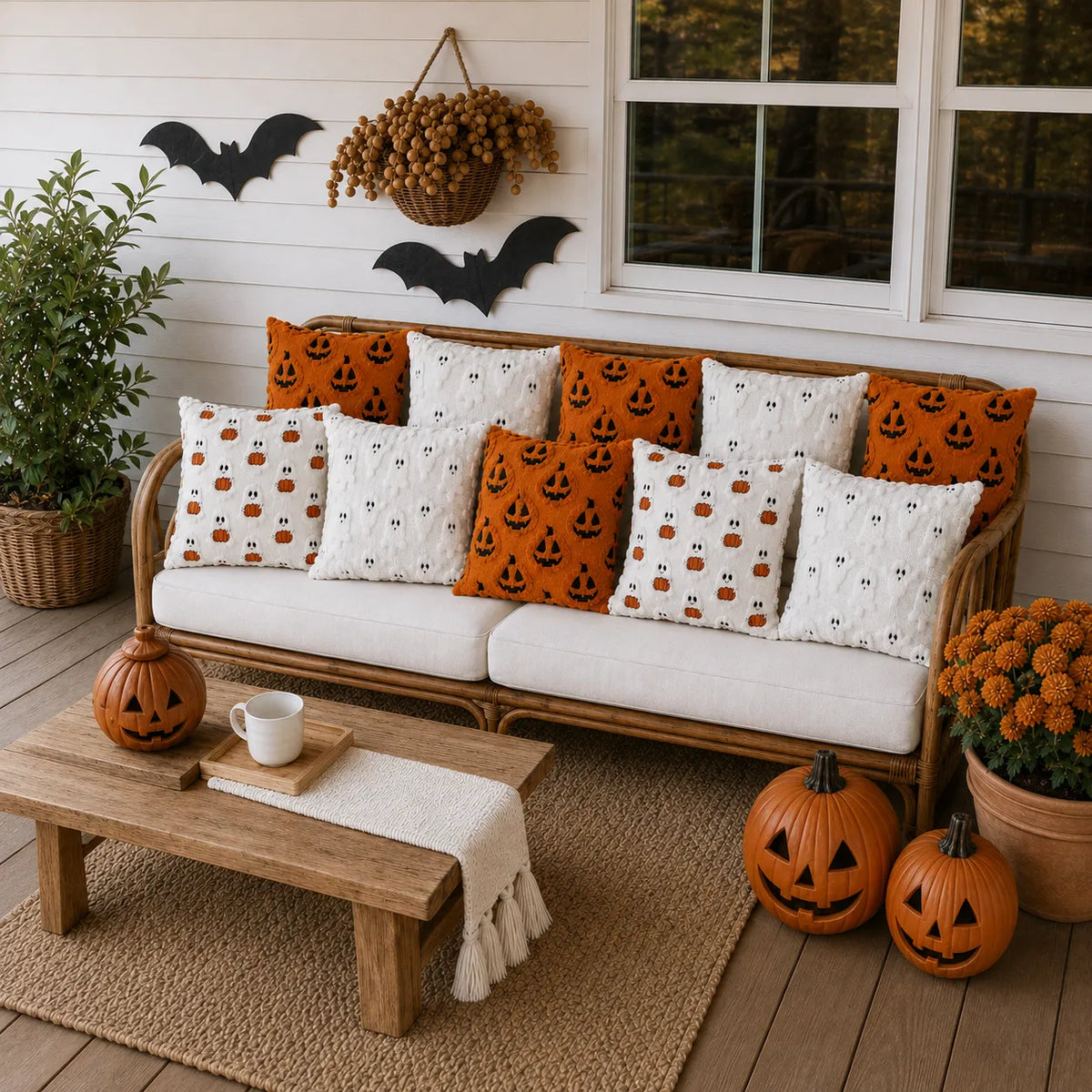A styled outdoor porch scene with a wicker sofa covered in white and orange Halloween throw pillows, surrounded by pumpkins, a wooden coffee table, plants, and bat wall decorations.
