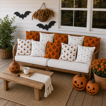 A styled outdoor porch scene with a wicker sofa covered in white and orange Halloween throw pillows, surrounded by pumpkins, a wooden coffee table, plants, and bat wall decorations.