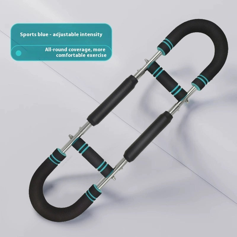 Black and blue adjustable resistance band on a light gray background