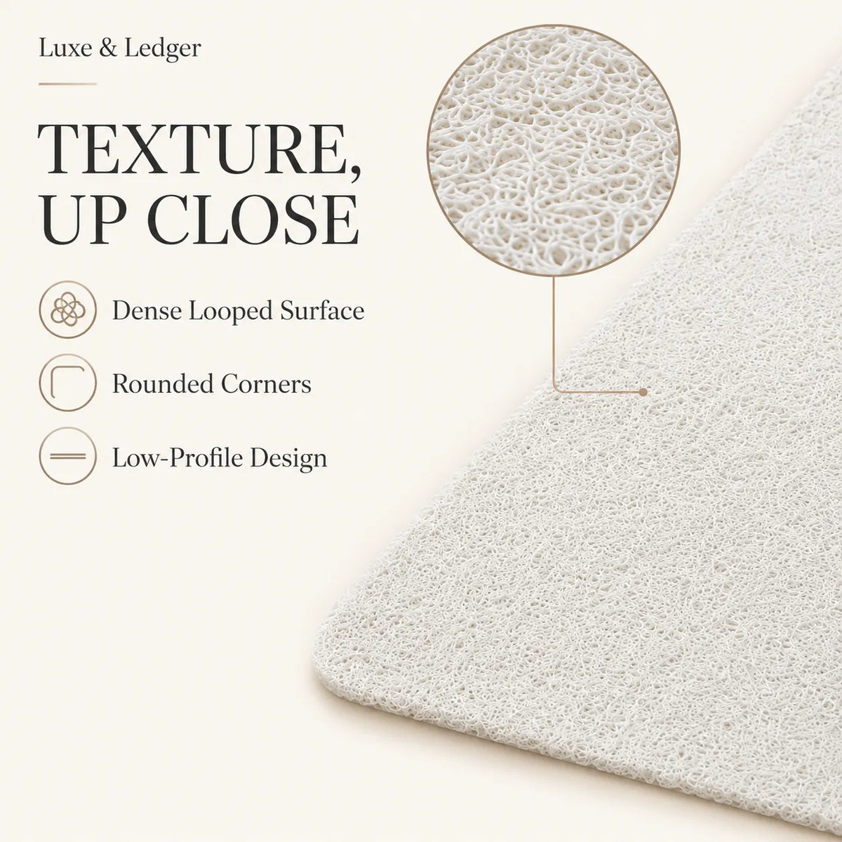 Close-up of a light beige textured rug with a circular inset showing the dense looped surface detail, accompanied by text highlighting rounded corners and a low-profile design.