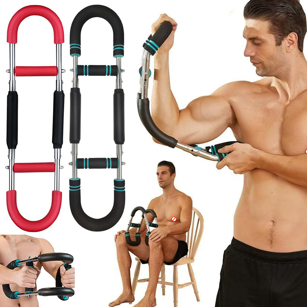 Man using an exercise device with close-up shots of the device and a collage of images showing its use.