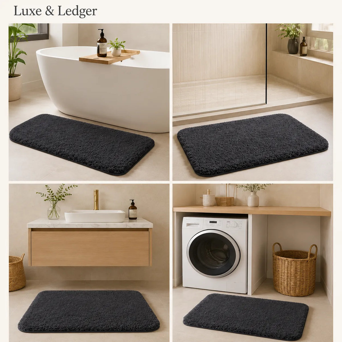 A four-panel collage showing a dark charcoal gray rectangular bath mat in different bathroom and laundry room settings, including beside a bathtub, shower, wall-mounted sink, and washing machine. The text 'Luxe & Ledger' appears in the top left corner.