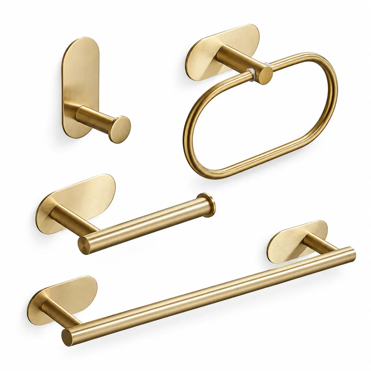 A six-piece bathroom hardware set in a brushed gold finish, including a wall hook, towel ring, paper holder, and two towel bars, shown on a solid white background.
