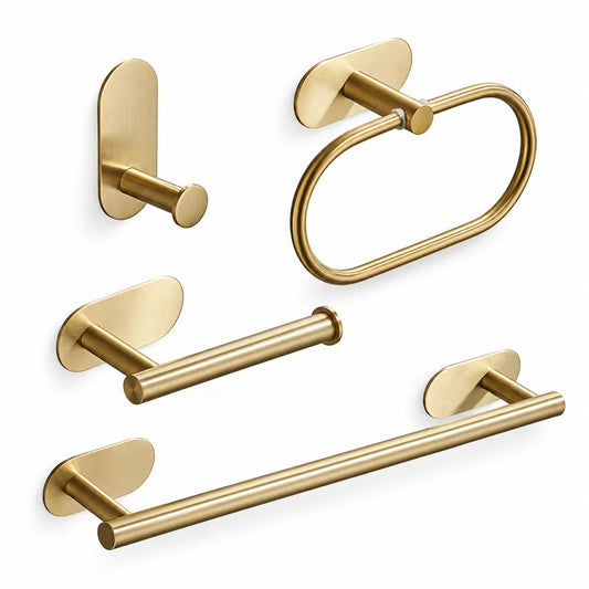 A six-piece bathroom hardware set in a brushed gold finish, including a wall hook, towel ring, paper holder, and two towel bars, shown on a solid white background.