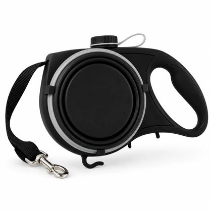 A black collapsible pet water bottle dog water fountain with a carrying strap and metal clasp, shown on a white background.
